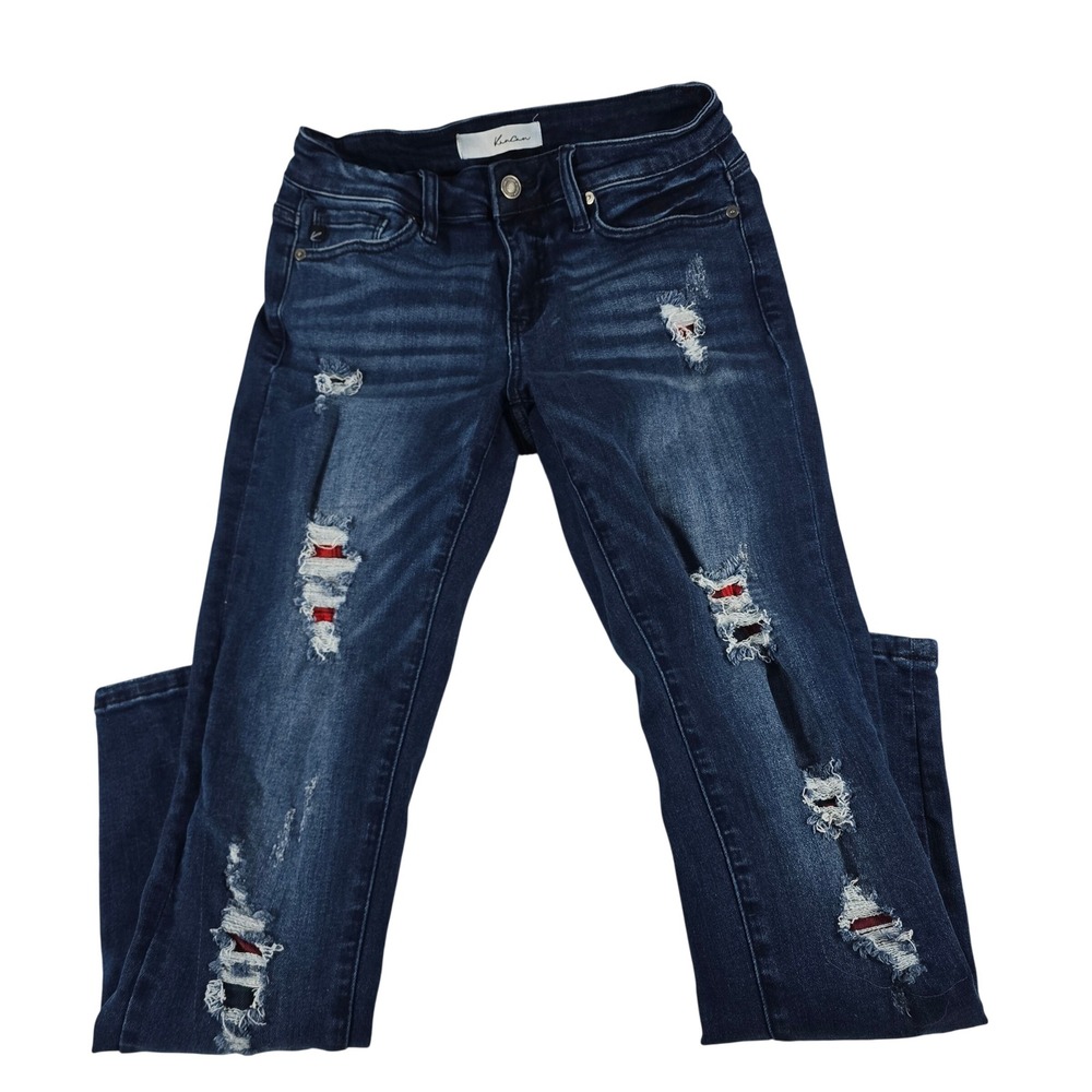 KanCan Women Distressed Skinny Jeans Dark Wash Plaid Inlay KC6310D Size 5 26